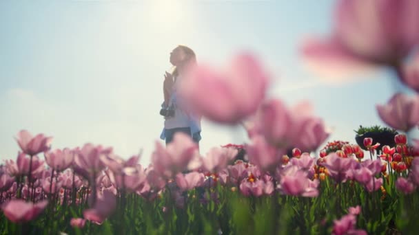 Young woman in casual clothes standing in dreams in flower garden in sunshine. - Filmagem, Vídeo