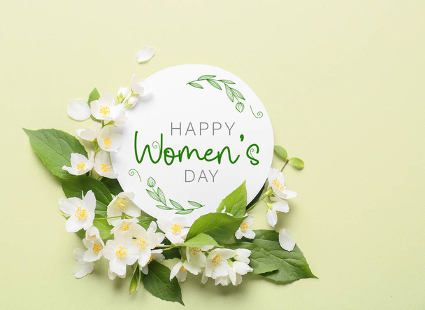 Beautiful greeting card for Happy Women's Day with jasmine flowers - Photo, Image