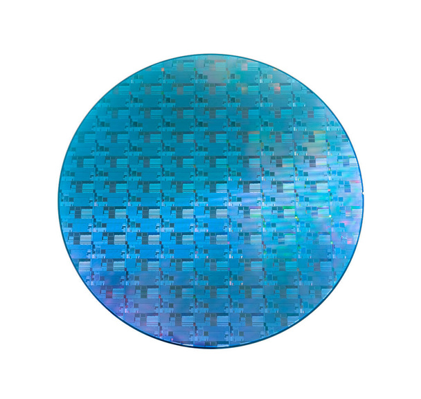 Oblea de silicio con virutas aisladas sobre fondo blanco
 - Foto, imagen