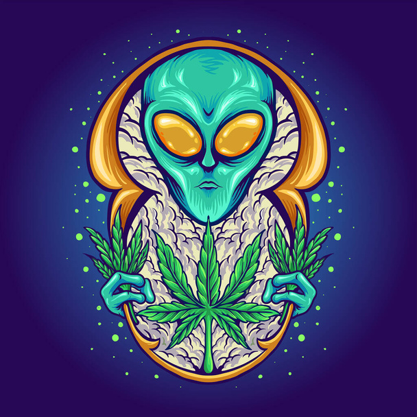 Alien Weed Plant Cannabis Galaxy Space Wektor ilustracje do Twojej pracy Logo, maskotka towar koszulka, naklejki i projekty etykiet, plakat, kartki okolicznościowe reklamowe firmy lub marek. - Wektor, obraz