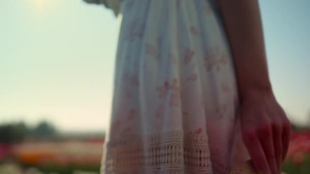 Closeup unrecognizable gentle woman in dress holding straw hat in tulip field.  - Filmmaterial, Video