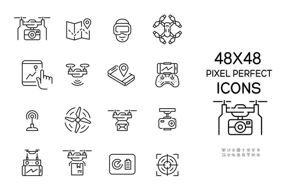 Conjunto de iconos relacionados con drones. Soportes de cámara, controlador, vista frontal y vista superior. Pixel perfecto, carrera editable 48x48 iconos - Vector, imagen