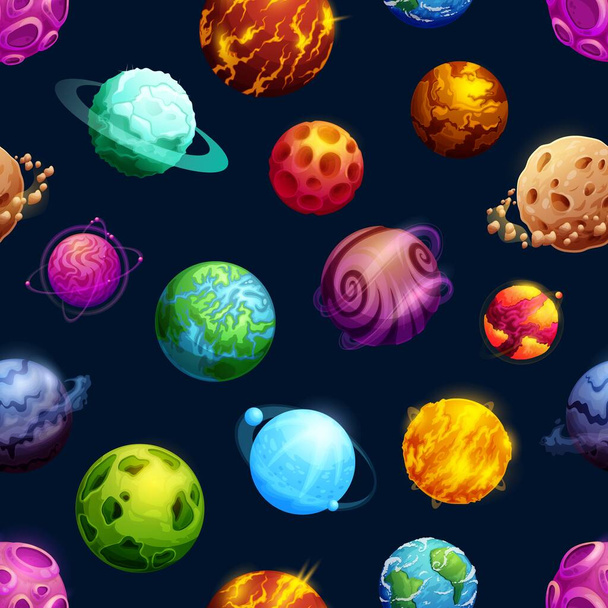 Dibujos animados planetas espaciales futuristas y estrellas patrón sin fisuras. Planetas galaxias alienígenas sistema de fondo, fantásticos mundos habitables espacio fondo de pantalla con lava, hielo y cráteres, anillos, continentes en los océanos - Vector, imagen