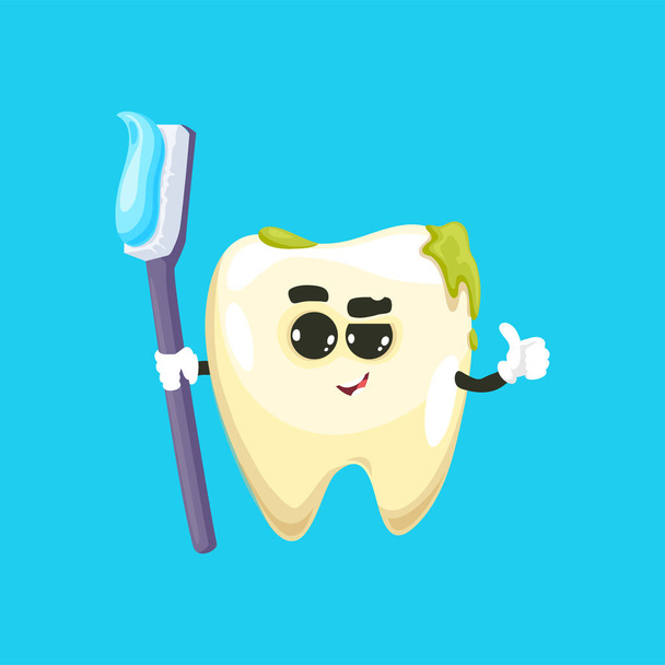 Emotikon špinavý zub karikatura znak s kartáčkem a zubní pastou ukazující ok znamení izolované. Vektorový zdravý úsměv, zubní lékařství a stomatologický symbol. Ústní hygiena a péče, bolest zubů, komický implantát - Vektor, obrázek