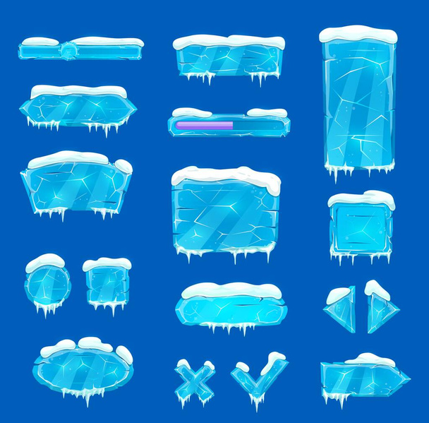 Kék jégkristály gombok, csúszkák, nyilak és kulcsok hó és jégcsapok. Vektor játék eszköz, felhasználói menü panel interfész. Jeges texturált blokkok, ui gui grafikai tervezési elemek, fagyasztott rajzfilm gombok - Vektor, kép