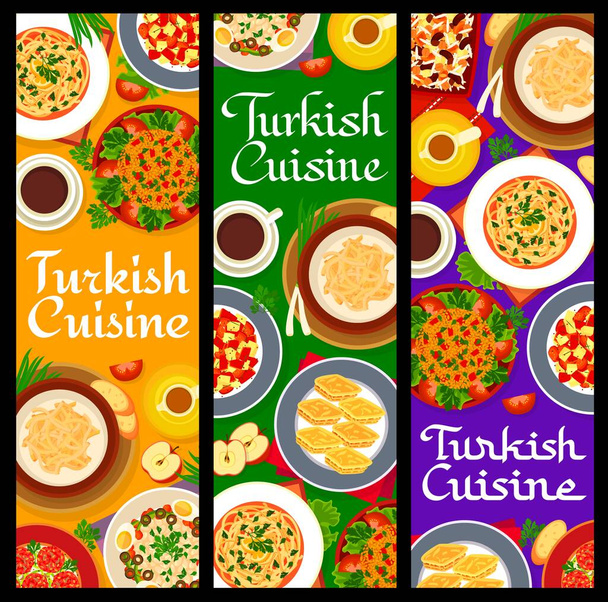 Turkkilainen keittiö ruokia bannereita ruokia lounas ja päivällinen, vektori. Turkkilainen perinteinen ruokalista pistaasilla baklava makea jälkiruoka ja bulgur kofte papusalaatilla ja vihanneksilla - Vektori, kuva