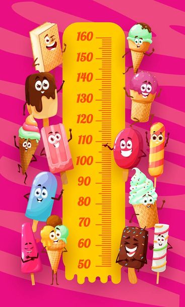 Jégkrém desszert karakterek a gyerekek magassági táblázatán. Gyermek növekedési vektor mérőóra mosolygós aranyos gelato, jégkrém és szorbet fagylalt, fagyasztott gyümölcslé, eszkimó desszert és fagylalt gofrisüteményben - Vektor, kép