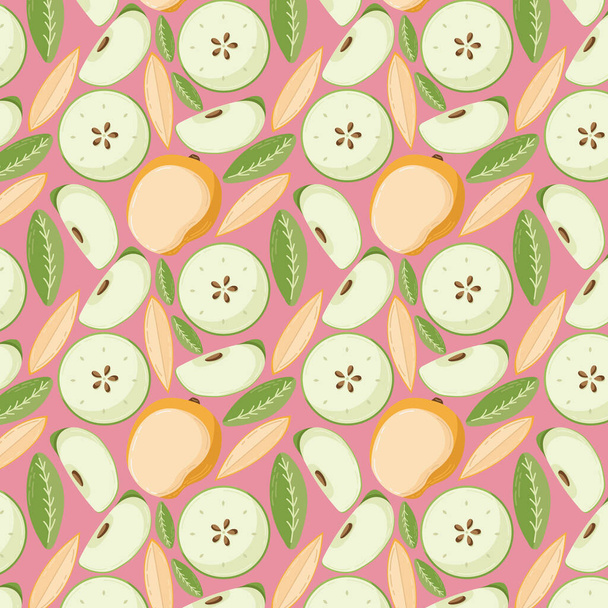 Gyümölcsmentes minta textil termékek, alma és mangó darabok, csont és levelek lapos stílusban  - Vektor, kép