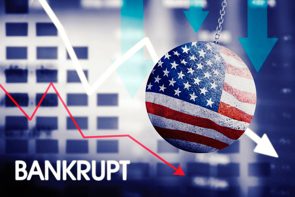 Image of America flag on the wrecking ball with bankrupt word and declining arrow background - Photo, Image