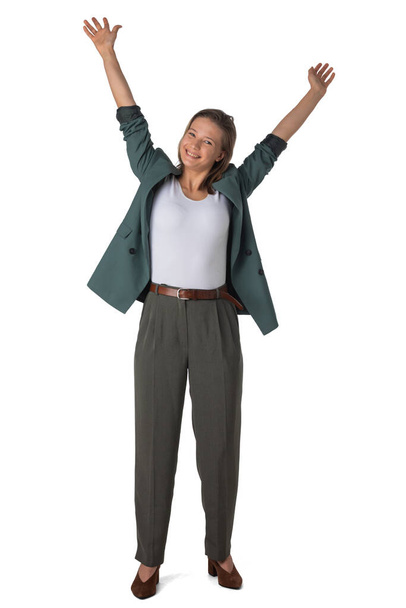 Full length portrait of successful young businesswoman raising her arms in joy. Isolated on white background - Fotografie, Obrázek