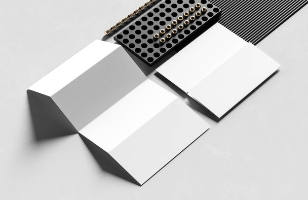 Τέσσερις διπλωμένο φυλλάδιο mock up απομονώνονται σε λευκό φόντο με σύγχρονα στοιχεία. 3D απεικόνιση. - Φωτογραφία, εικόνα