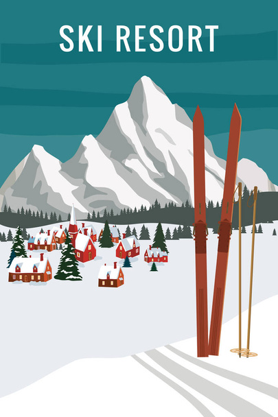Station d'hiver Vintage Mountain Alpes, avec skis et bâtons en bois à l'ancienne. Paysage de neige pics, pentes. Affiche rétro voyage - Vecteur, image