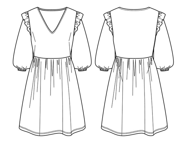Vector langärmeliges Kleid Mode CAD, Vorlage, flach. Ballonärmeliges Minikleid mit Rüschen technische Zeichnung, Kleiderskizze mit Gürtel. Kleid aus Jersey oder Gewebe mit Vorder-, Rückseite, weißer Farbe - Vektor, Bild