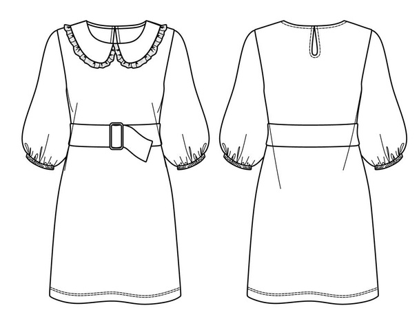 Vector jurk mode CAD, ballon mouwen jurk technische tekening, jurk schets met riem - Vector, afbeelding