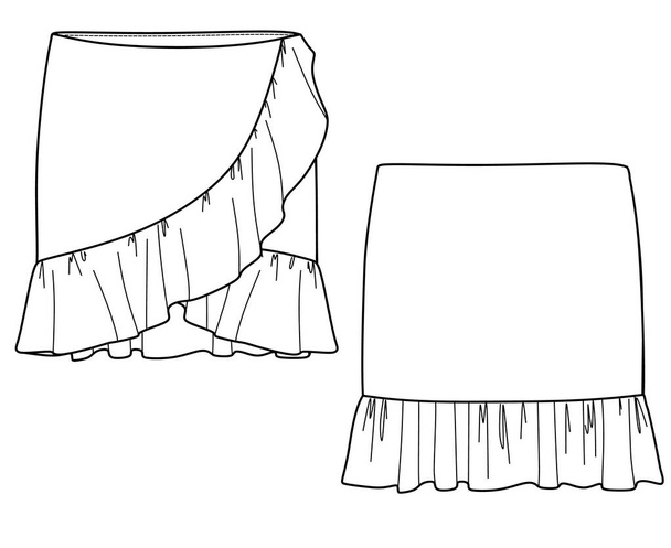 Skirt CAD/flat, women trendy skirt technical drawing, skirt with ruffles, midi skirt with split vector sketch - Vector, Image