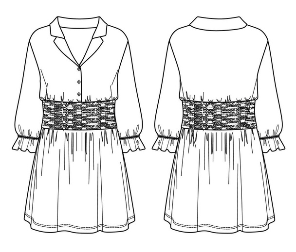 Vector Mini-Hemdkleid Skizze mit Knöpfen und Smoking Detail, Trendy Frauenkleid Mode CAD, Vorlage, flach, Attrappe. Kleid aus Jersey oder Gewebe mit Vorder-, Rückseite, weißer Farbe - Vektor, Bild