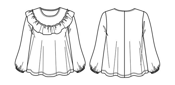 Vector ronde hals blouse technische tekening, vrouw een gevormde top met gevlamd tier detail schets, mode CAD, template - Vector, afbeelding