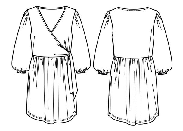 Vector falso embrulhado vestido desenho técnico, mulher curta vestido de manga comprida moda CAD, esboço, modelo - Vetor, Imagem