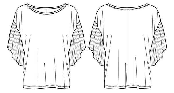 Camicetta vettoriale manica corta disegno tecnico, donna girocollo T-shirt con maniche plissettate, camicetta in jersey moda CAD, schizzo, modello - Vettoriali, immagini