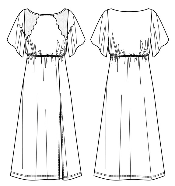 Векторні короткі рукави сукні максі технічний малюнок, жіноча сукня з мереживними деталями і щілиною перед модою CAD, ескіз, шаблон
 - Вектор, зображення