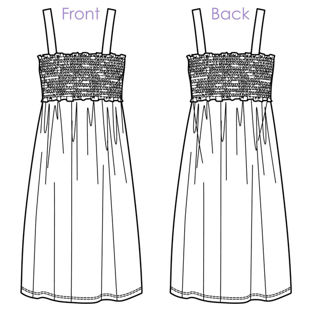 Векторна літня сукня моди CAD, жінка міді нахилена спереду і ззаду з плечовими ременями технічний малюнок, шаблон, плоский, ескіз
 - Вектор, зображення