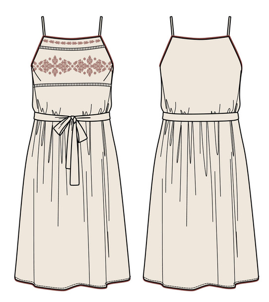 Robe vectorielle avec broderie mode CAD, robe midi femme avec bretelles dessin technique, modèle, plat, croquis - Vecteur, image