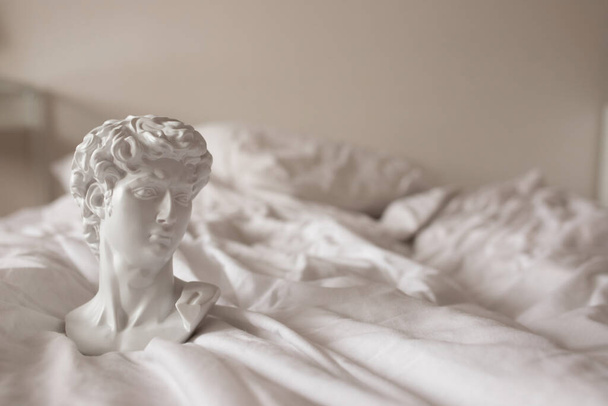 Davids plaster head stands on a white bed. - Photo, image