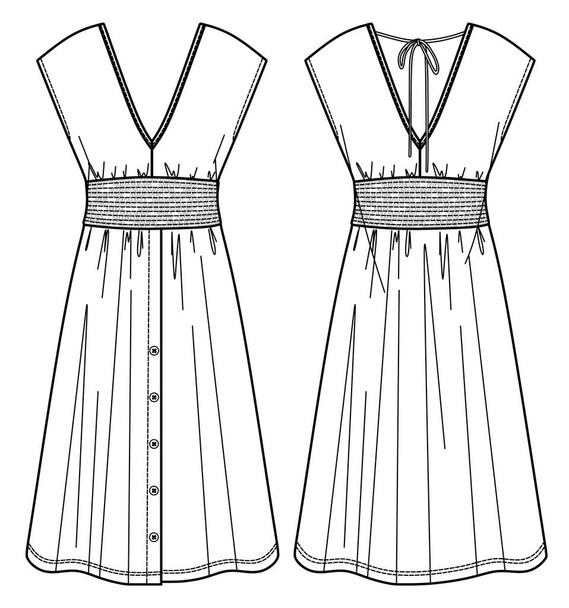 Vector verano v cuello vestido de moda CAD, vestido midi mujer con dibujo técnico cintura ahumada, plantilla, plano, boceto - Vector, imagen