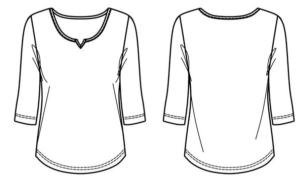T-shirt Vector fashion CAD, blusa donna a maniche lunghe schizzo, t-shirt donna girocollo disegno tecnico, schizzo, piatto. Camicetta in jersey con vista frontale, posteriore, colore bianco - Vettoriali, immagini