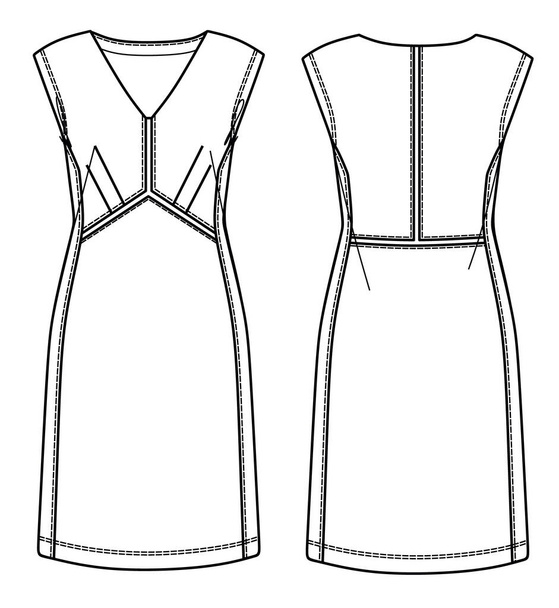 Vector lato v szyi sukienka moda CAD, kobieta mini sukienka ze szwami rysunek techniczny, szablon, płaski, szkic. Jersey lub tkaniny sukienka z przodu, widok z tyłu, biały - Wektor, obraz