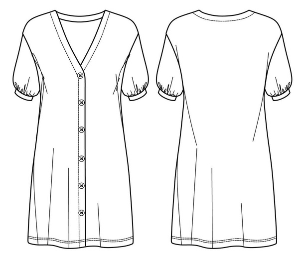 Vector v λαιμό μίνι φόρεμα μόδας CAD, γυναίκα κοντό μπαλόνι μανίκι φόρεμα με κουμπιά λεπτομέρεια τεχνικό σχέδιο, πρότυπο, επίπεδη. Φόρεμα Jersey ή υφαντό ύφασμα με μπροστινή, πίσω όψη, λευκό χρώμα - Διάνυσμα, εικόνα