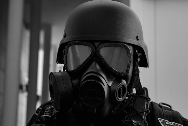 Helmet with gas mask. Protective mask. - Foto, Imagen