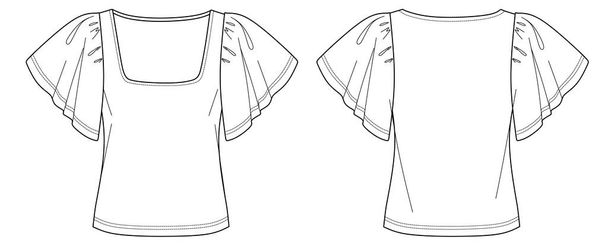 Διάνυσμα καμπάνα κοντομάνικο t πουκάμισο μόδας CAD, μοντέρνα γυναίκα τετράγωνο λαιμό κορυφή τεχνικό σχέδιο, μοντέρνα μπλούζα πρότυπο, επίπεδη, σκίτσο. Μπλούζα Jersey ή υφασμάτινη με μπροστινό, πίσω όψη, λευκή - Διάνυσμα, εικόνα