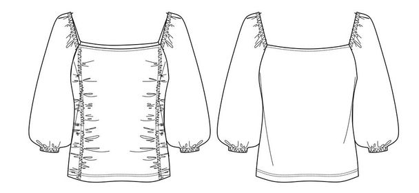 Vector mujer cuello cuadrado blusa moda CAD, parte superior de manga larga con el detalle ahumado dibujo técnico, plano, boceto. Camiseta de tela tejida o camiseta con frente, vista trasera, color blanco - Vector, imagen