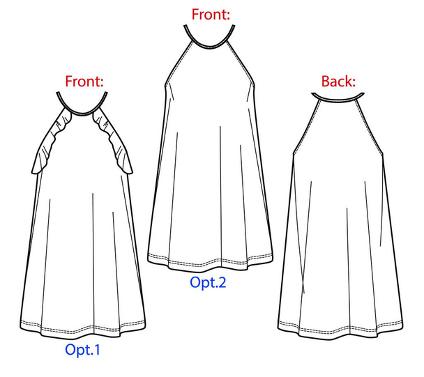 ベクトル短いフレアドレスファッションCAD 、女性は、薄いショルダーストラップテンプレート、フラット、スケッチとフリル技術的な図面と形状のドレス。ジャージーまたは織生地のドレス、フロント、バックビュー、ホワイト - ベクター画像