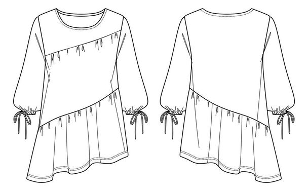 Vector ronde hals asymmetrische blouse mode CAD, vrouw oversized top met boog details technische tekening, sjabloon, schets, plat. Jersey of geweven stof blouse met voorkant, achteraanzicht, witte kleur - Vector, afbeelding