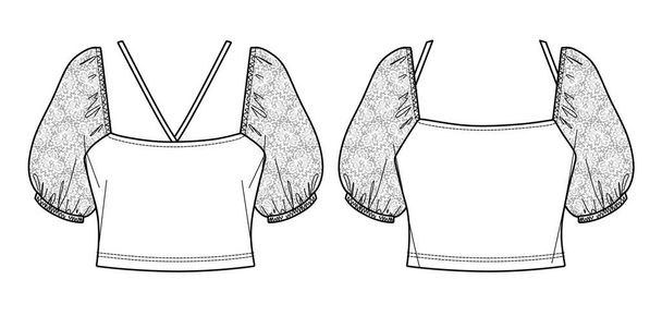 Vector Frau quadratischen Hals Bluse Mode CAD, kurzärmeliges Top mit Spitze Detail und Puffärmel technische Zeichnung, flach, Skizze. Kleid aus Jersey oder Gewebe mit Vorder-, Rückseite, weißer Farbe - Vektor, Bild