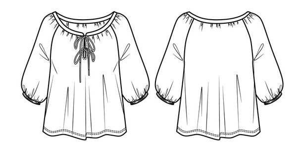Vrouw ronde hals blouse met verzamelen schets, lange ballon mouwen top met strikken mode CAD, technische tekening, plat. Jersey of geweven stof blouse met voorkant, achteraanzicht, witte kleur - Vector, afbeelding