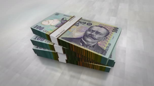 Romanya Lei para yığını. Romanya 'da ekonomi, bankacılık, işletme, kriz, durgunluk, borç ve finans konularının kavramları. 100 RON banknotları 3D animasyon yığınları. - Video, Çekim