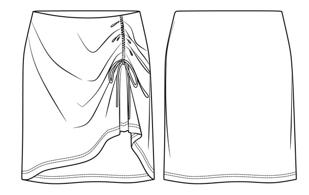 Mini jupe vectorielle avec détail ramassé mode CAD, femme jersey ou jupe en tissu avec arc dessin technique, plat, croquis, maquette, gabarit. Vue de face arrière, couleur blanche - Vecteur, image