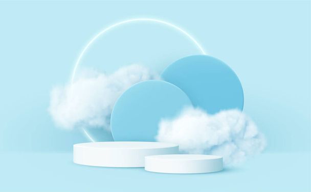 3D realistisches Podiumsprodukt und Rauchwolken. Blau-weiße 3D-Renderszene mit Produktpodium und Wolken. Vektorillustration - Vektor, Bild