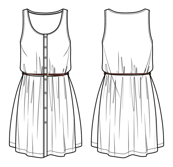 Vector woman summer round neck dress fashion CAD, sleeveless mini dress with belt and buttons technical drawing, template, flat, sketch. Jersey or woven fabric dress with front, back view,white color - Vector, Image