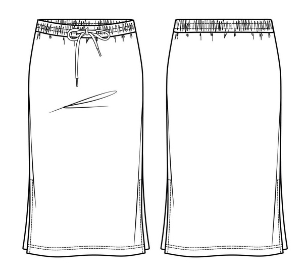 Vector midi sweatskirt with elasticized waistband fashion CAD, woman jersey or woven fabric  skirt with side slits technical drawing, flat, sketch, template, mock up. Front back view, white color - Vector, Image