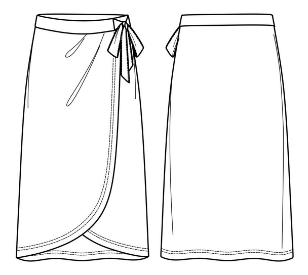 Διάνυσμα τυλιγμένο φούστα τεχνικό σχέδιο, πρότυπο, επίπεδη, σκίτσο. Maxi φούστα μόδας CAD με διακοσμητικά στοιχεία και λεπτομέρεια τόξο. Γυναικεία maxi wrap φούστα με μπροστινό, πίσω όψη, λευκό χρώμα - Διάνυσμα, εικόνα