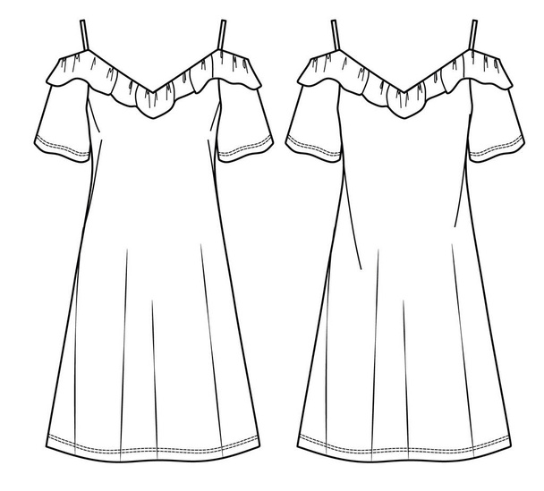 Vecteur femme robe d'été mode CAD, robe avec bretelles dessin technique, modèle, plat, croquis. Robe en jersey ou en tissu avec devant, vue arrière, couleur blanche - Vecteur, image