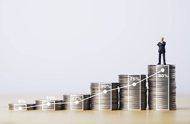 Miniaturowa figura biznesmena stojąca na monetach wzrostu układających się z rosnącym wykresem i odsetkiem dla biznesowej koncepcji wzrostu zysków. - Zdjęcie, obraz