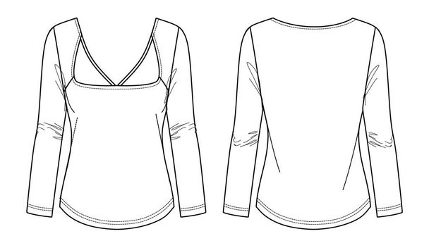 Vektör kare yaka uzun kollu üst moda CAD, kadın kışlık tişört teknik çizimi, üst kısmı düz, şablon, taslak, maket. Önü, arkası, beyaz renkli Jersey bluzu. - Vektör, Görsel