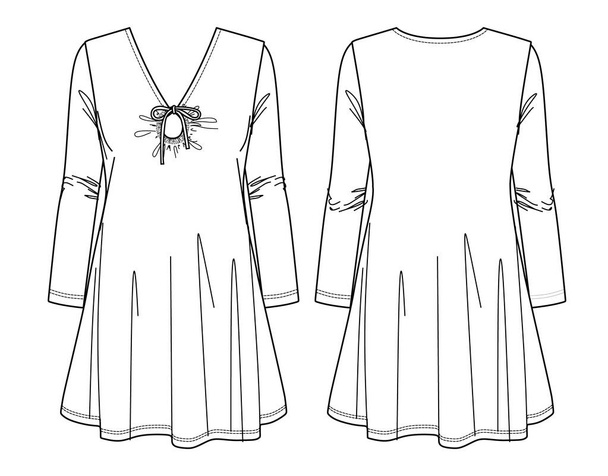 Vector long sleeve V-neck mini dress technical drawing, woman dress with gathering and loop detail fashion CAD, sketch, template, flat. Jersey or woven fabric dress with front, back view, white color - Vector, Image
