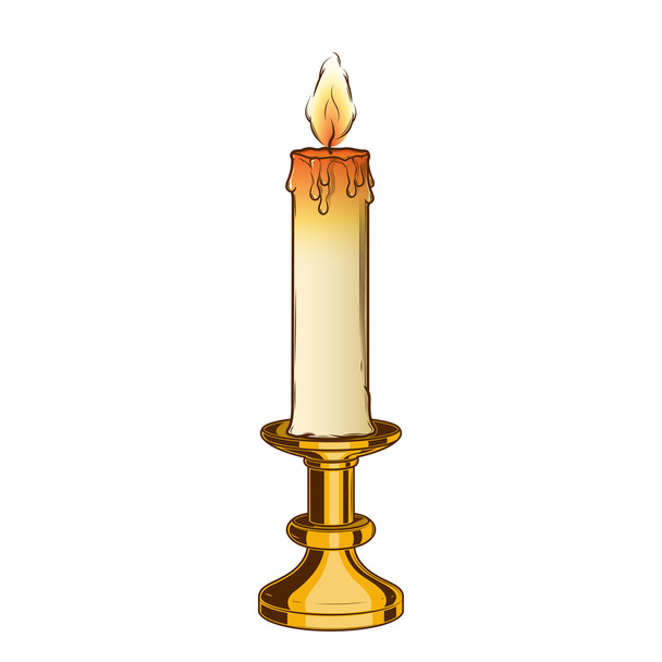 Burning old candle and vintage brass candlestick isolated on a white background. Color line art. Retro design. Vector illustration. - Vector, Image