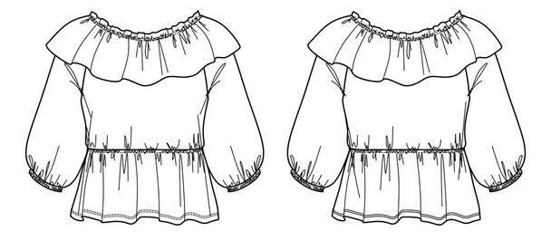 Vector blouse met ballon mouwen mode CAD, vrouw verpakt top met franjes en tailleband technische tekening, schets, sjabloon, plat. Jersey of geweven stof blouse met voorkant, achteraanzicht, witte kleur - Vector, afbeelding
